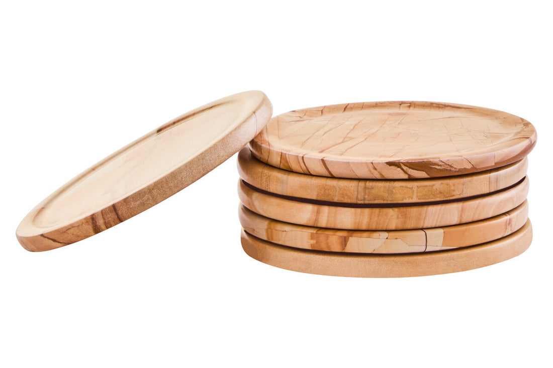 Tiga Teakwood Marble Set Of Five Round Coasters with Holder