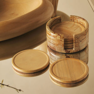 Teakwood Marble Set of Five Round Coasters with Holder | Tiga