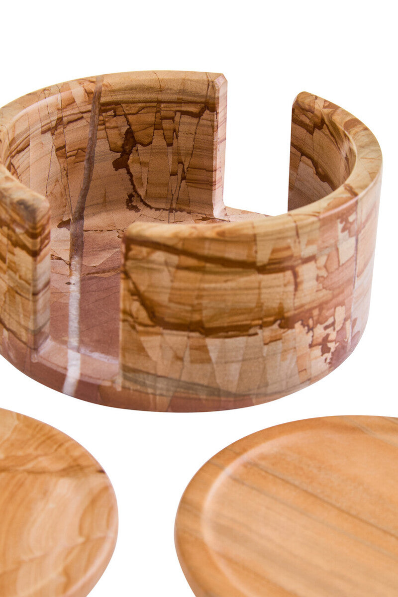 Tiga Teakwood Marble Set Of Five Round Coasters with Holder