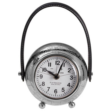 Round clock with black handle on a white background