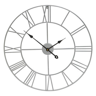 Large round wall clock with Roman numeral markers on a white background