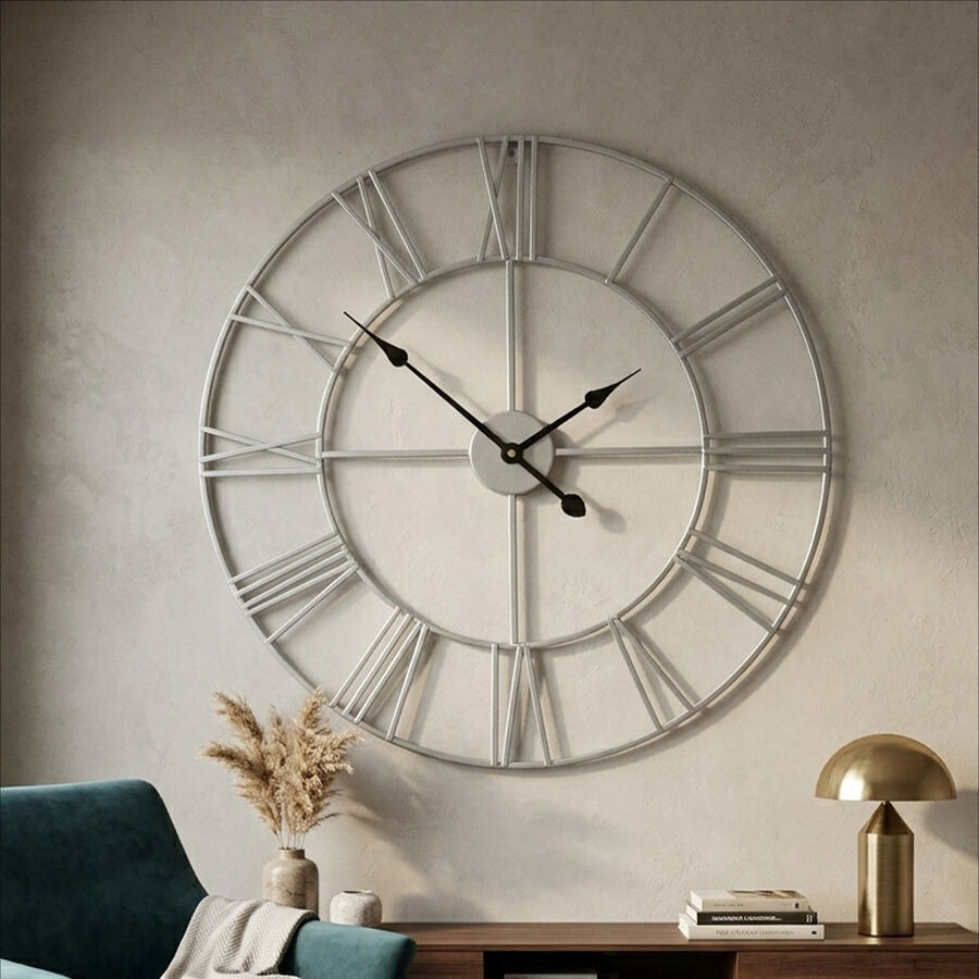 Large decorative wall clock in a living room setting with a sofa and coffee table.