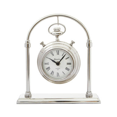 Silver clock with white face on a white background