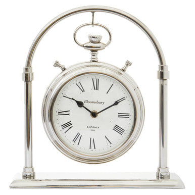 Silver clock with Roman numerals on a white background