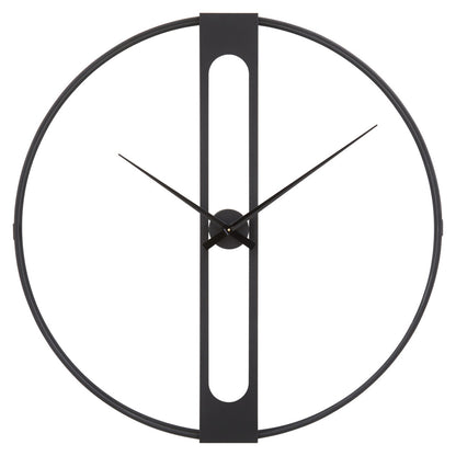 Modern wall clock with black metal design on a white background