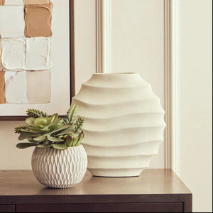 Small Ivory Finish Rippled Round Vase | Mira