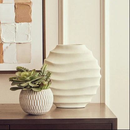 Mira Small Ivory Finish Rippled Round Vase