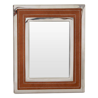 Rectangular mirror with brown leather trim and silver frame on a white background