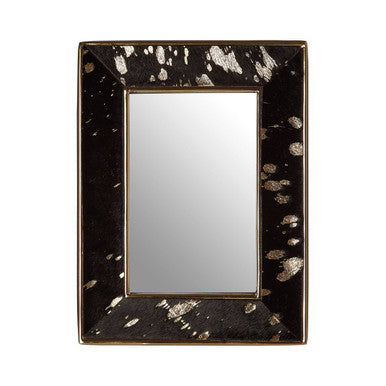 Decorative mirror with a black frame featuring gold leaf patterns on a white background