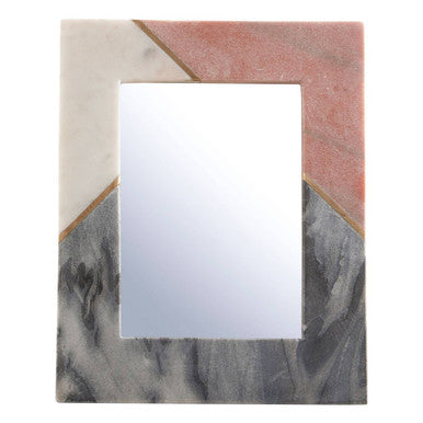 Rectangular mirror with a geometric marbleized frame on a white background
