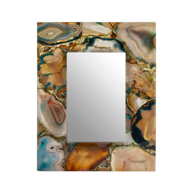 Rectangular mirror with a decorative agate stone border on a white background