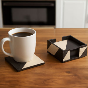 Set of Four Black and White Coasters with Holder | Ezra