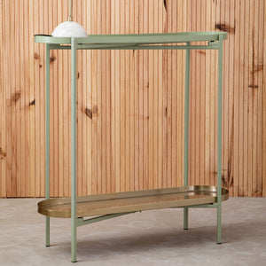 Green Metallic Console Table with Polished Gold Top and Two-Tier Shelves, Sabia