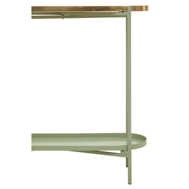 Green Metallic Console Table with Polished Gold Top and Two-Tier Shelves, Sabia