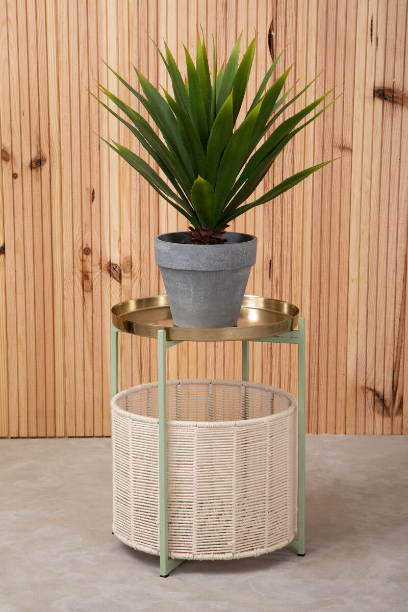 Green Iron Two-Tier Side Table with Gold Finish Iron Top and Natural Cotton Lower Storage, Sabia