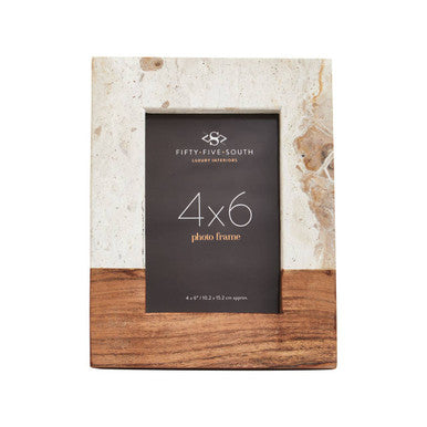 Photo frame with marble and wood design on a white background