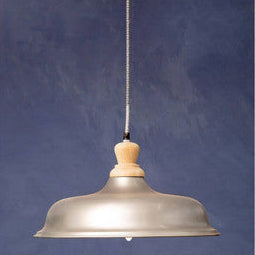 Metal pendant light with wooden fixture on a dark blue background