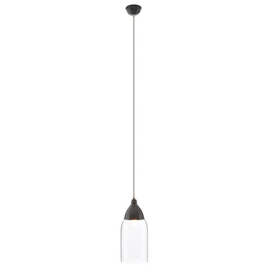 Pendant light with clear glass shade and black fixture on a white background