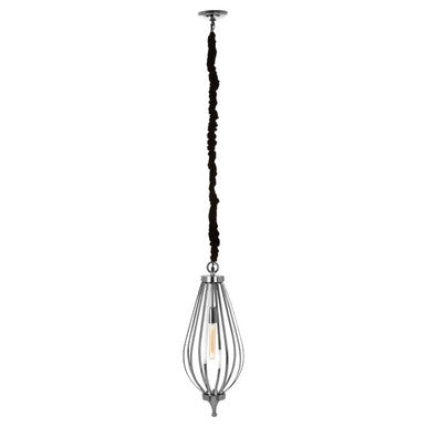 Pendant light with decorative cord and metallic cage on a white background
