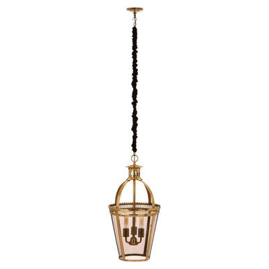 Gold pendant light fixture with clear glass shade on a white background