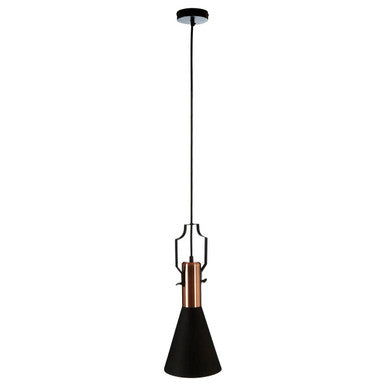 Black pendant light with copper accents on a white background