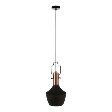 Black pendant light with copper accents on a white background