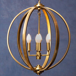 Gold spherical chandelier with three light bulbs on a blue background