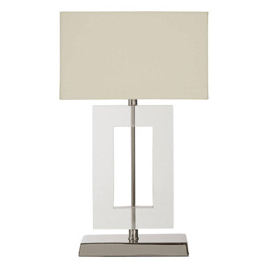 Table lamp with a beige rectangular shade on a white background