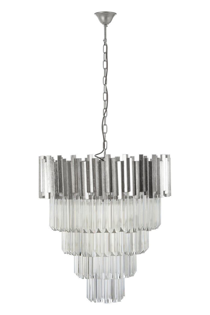 Chandelier with clear glass and silver metal accents on a white background
