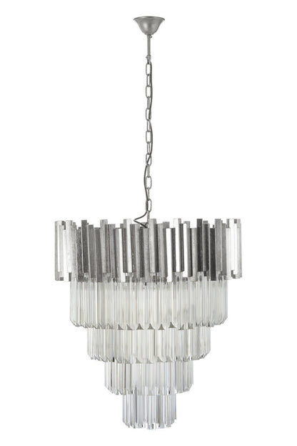 Chandelier with clear glass and silver metal accents on a white background