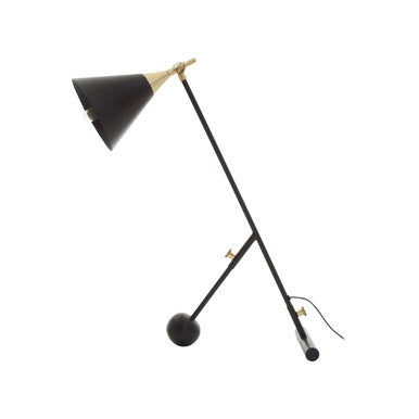 Modern wall lamp with black shade and gold accents on a white background