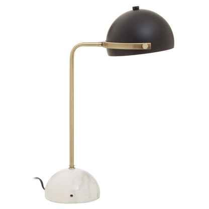 Table lamp with black adjustable shade and marble base on a white background