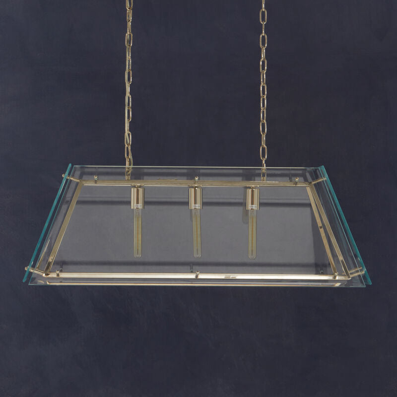 Glass panel with metal frame and chain on a dark background