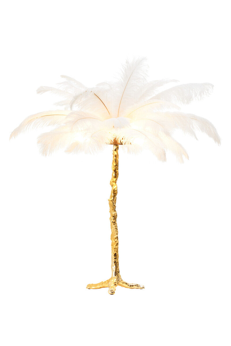 Decorative palm tree lamp with gold base on a white background