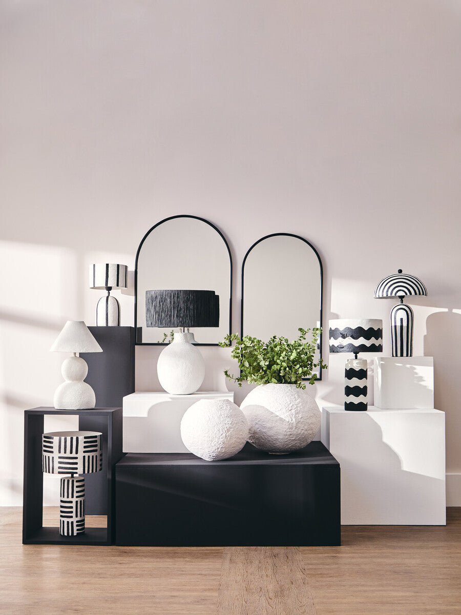 Carta 50cm Black And White Stripe Papier Mache Table Lamp With Dome Shade