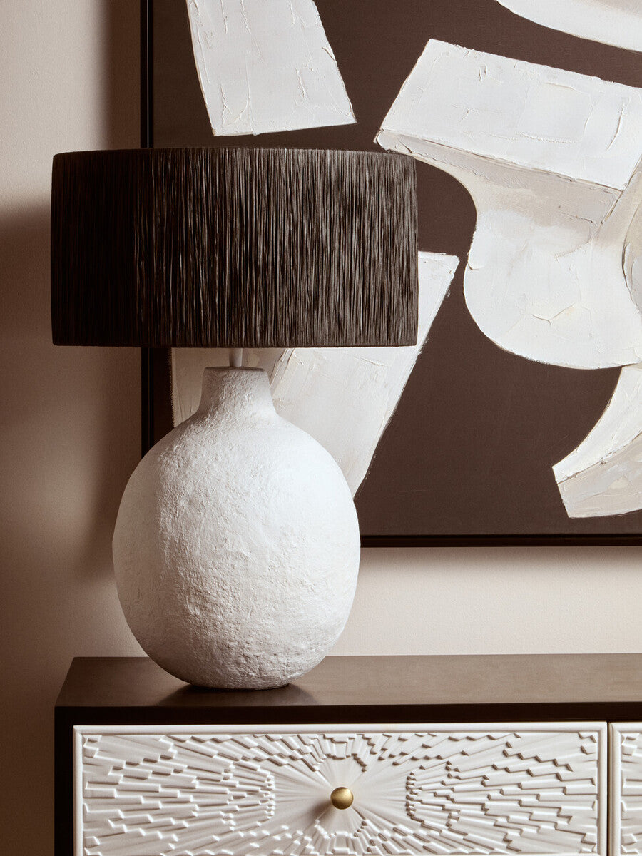 Carta White Papier Mache Table Lamp With Black Raffia Shade - Image 7