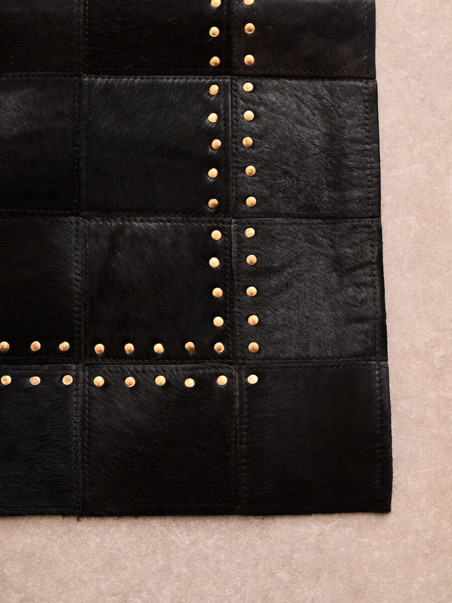 Bosie Safira Small Black hair on leather Patchwork Rug With Gold Studs - Image 12