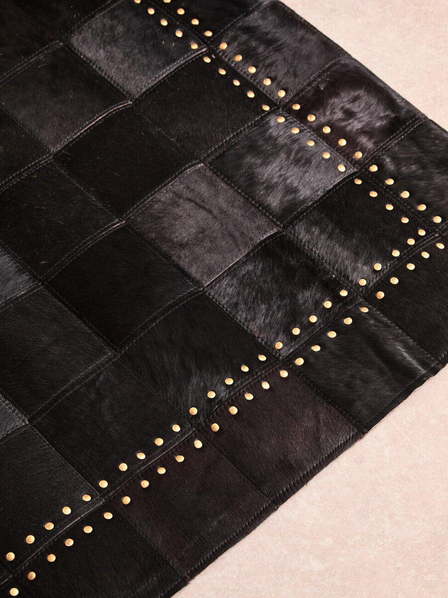 Bosie Safira Small Black hair on leather Patchwork Rug With Gold Studs - Image 10