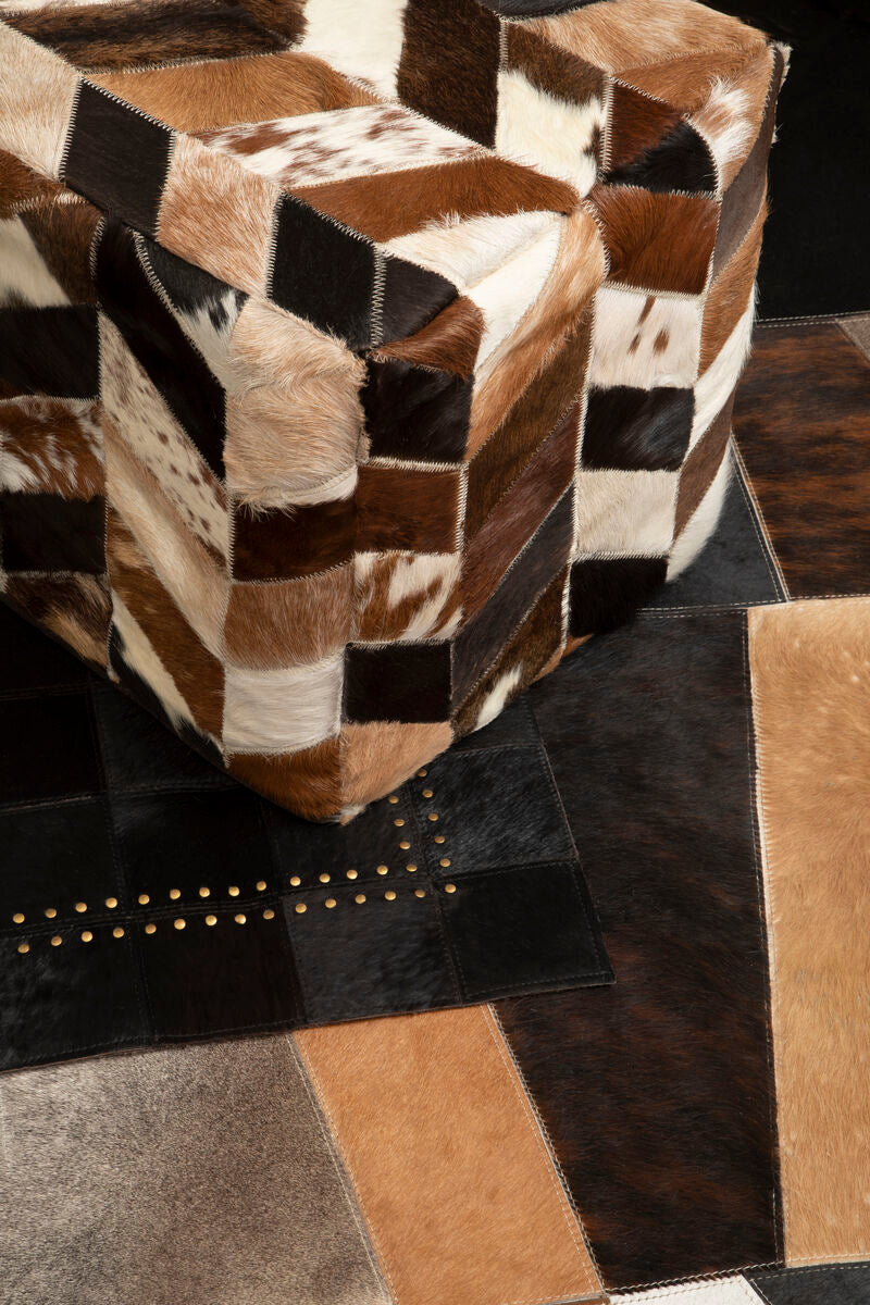 Bosie Safira Large Black Hair on Leather Patchwork Rug With Gold Studs - Image 9