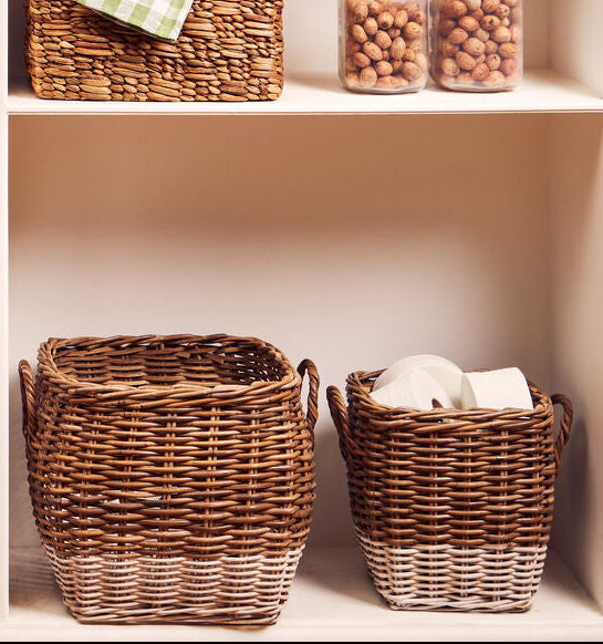 Shelves with various baskets, bowls, and kitchen items in a home setting