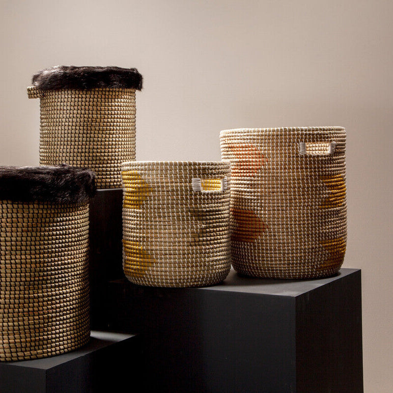 Set of woven baskets on a neutral background