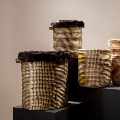 Bora Set of 2 Seagrass Baskets with Faux Fur Trim
