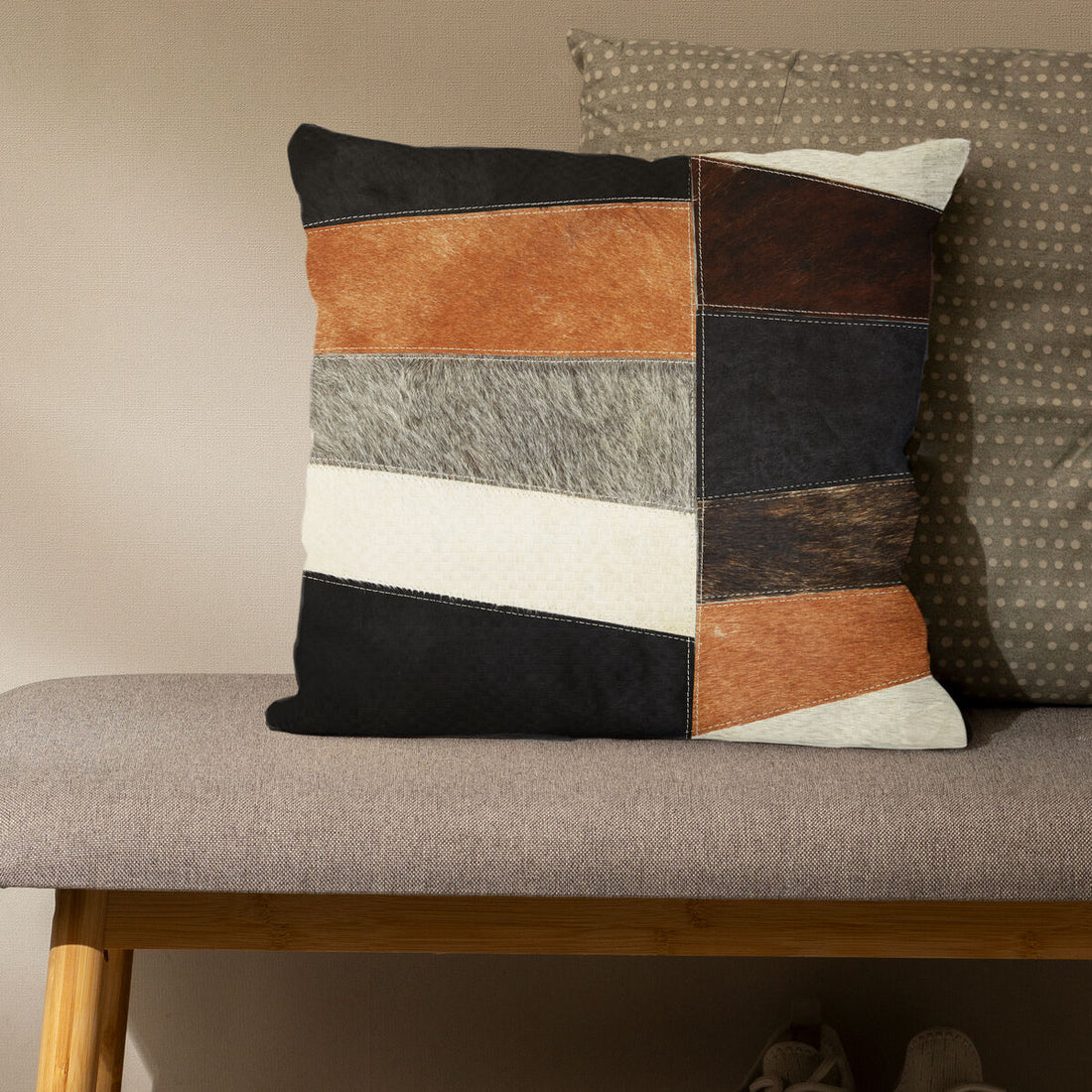 Bosie Safira Neutral Colourblock Hair on Leather Patchwork Cushion - Image 5