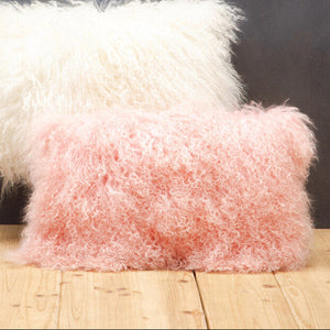 Bosie Real Mongolian Fur Pink Rectangular Cushion