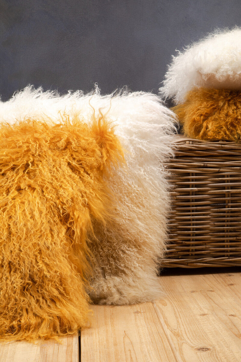 Bosie Real Mongolian Fur Ochre Square Cushion