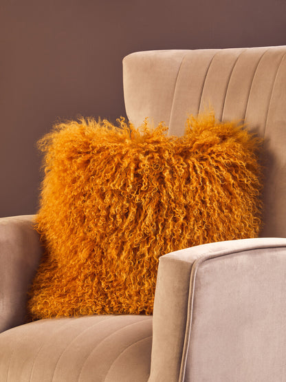 Bosie Real Mongolian Fur Ochre Square Cushion