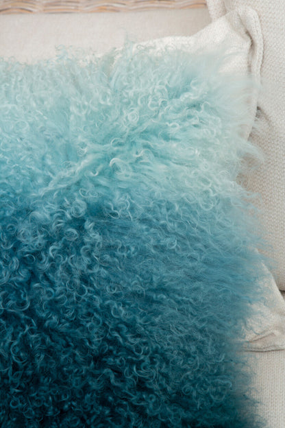 Bosie Real Mongolian Fur Blue Ombre Square Cushion