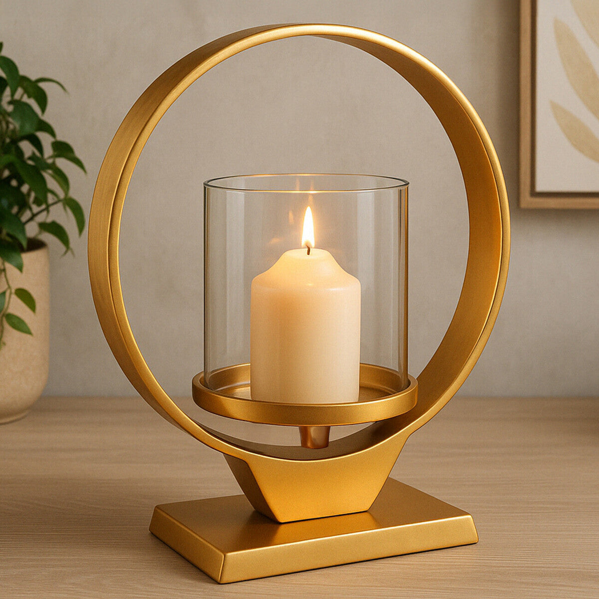 Gold candle holder with a lit candle on a wooden surface, with a plant and framed picture in the background.
