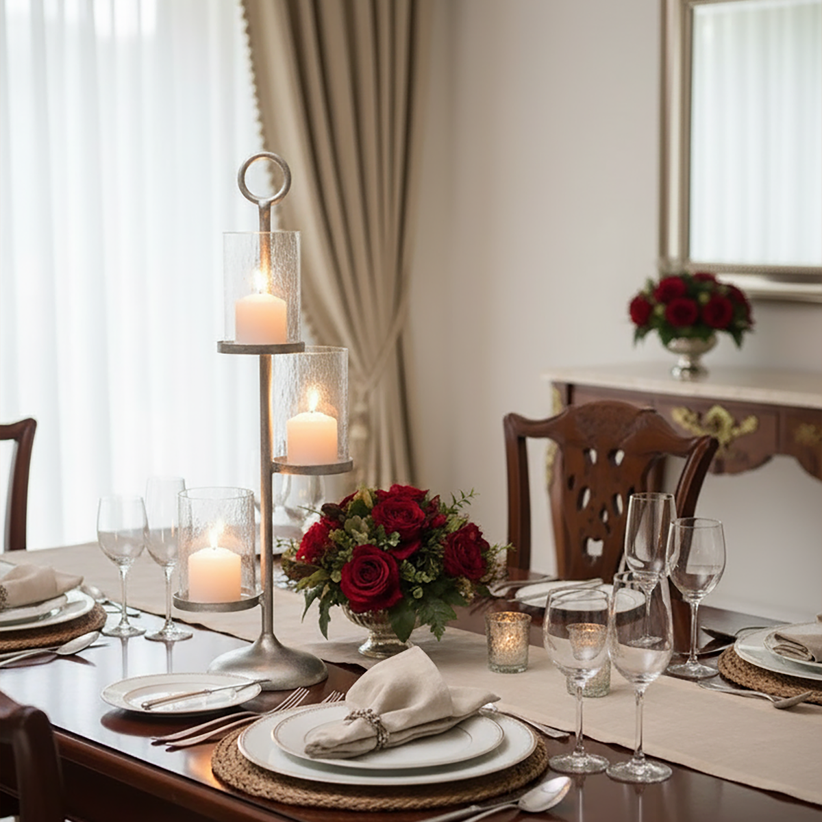 Elegant dining table setting with candles, flowers, and fine china in a softly lit room.