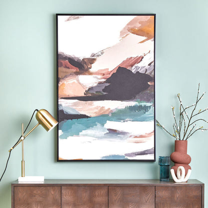 Wooden sideboard with decorative items against a light blue wall